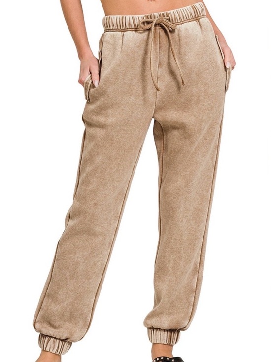 Zenana Outfitters Pants - Zenana Outfitters Women's Acid Wash Fleece Joggers - Deep Camel